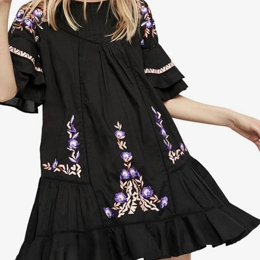 Free‎ People Pavlo Embroidered Babydoll Mini Dress Tunic Sz S Black Ruffle
